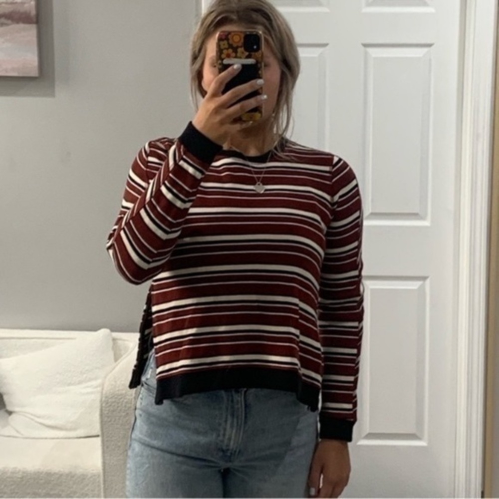 ✅ Billy Reid Sweater Burgundy Striped Crewneck Side Zip Up